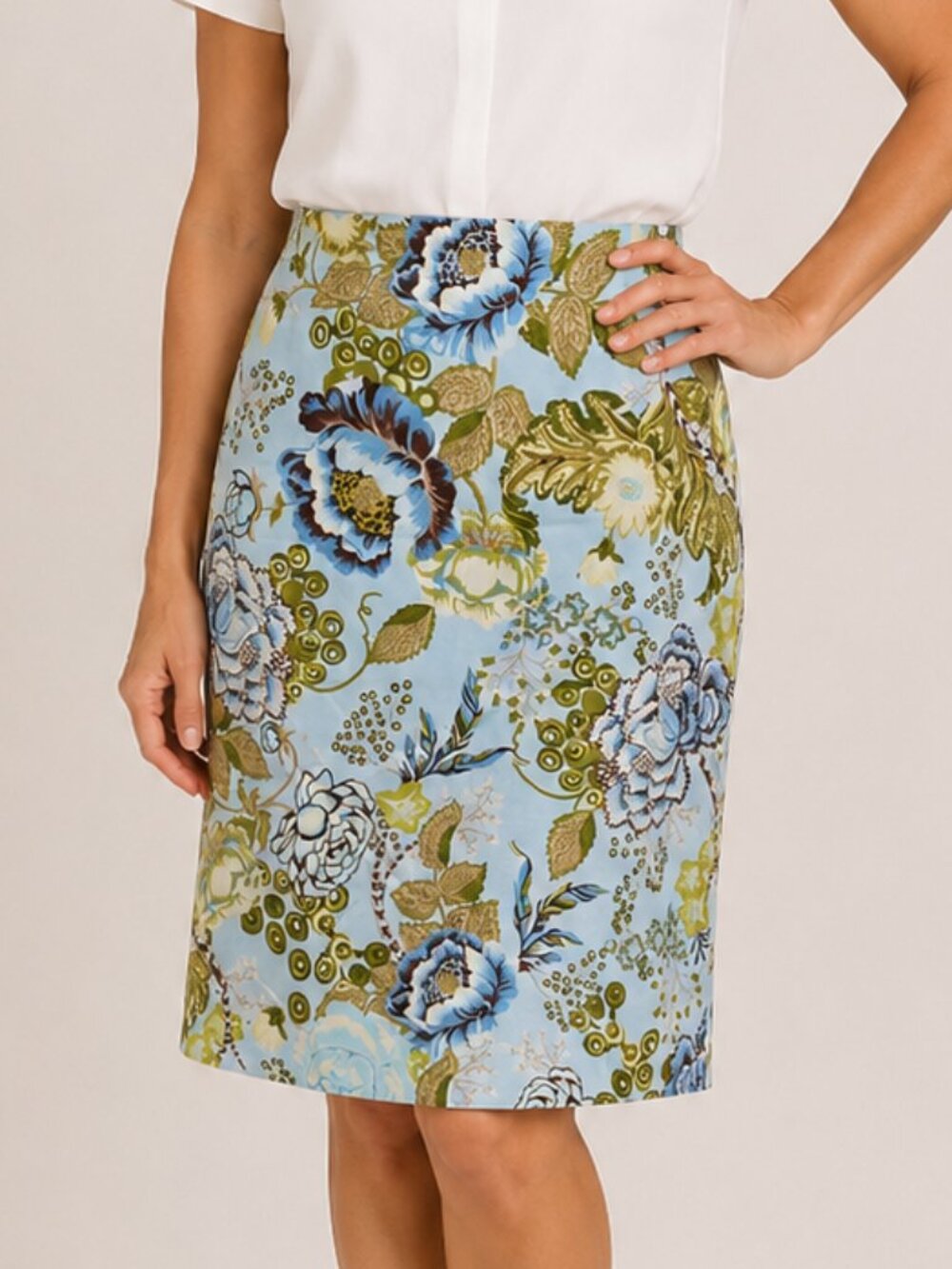 Talbots Light Blue & Green Garden Floral Skirt Career Office Business Casual 6